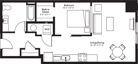 Floor plan for studio, 1 bath, 725 sqft